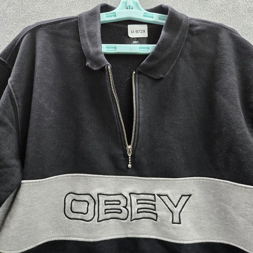 OBEY Men Sweatshirt M Black Chest Text Embroidery Colorblock Fleece 1/4 Zip Logo